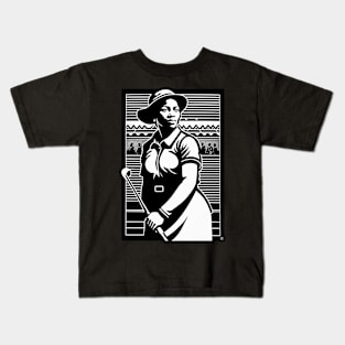 Woman Golfer Woodblock Print Kids T-Shirt